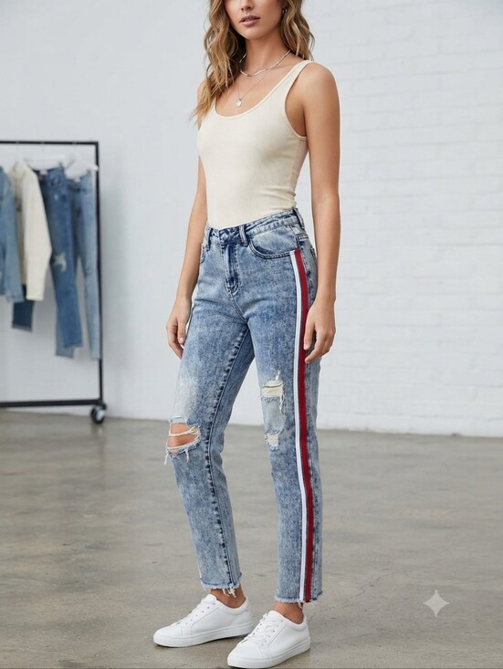 One × One Teaspoon Denim - One × One Teaspoon High Waist Baggy Striped Jeans Light Wash Distressed Size 29